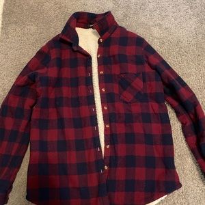 Red and navy fuzzy flannel